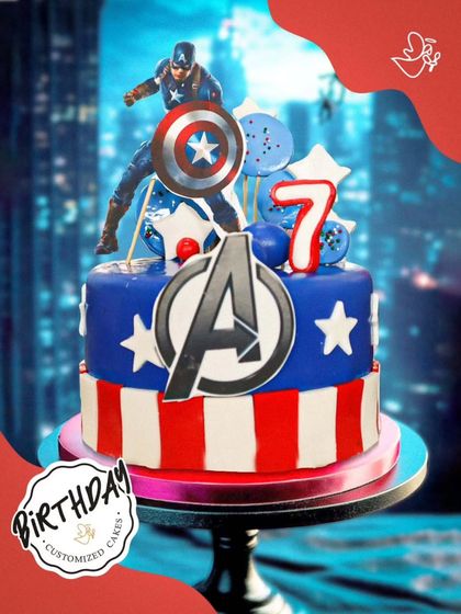 Captain America leads the charge on this two-tier Avengers cake. The patriotic red, white, and blue design is perfect for a heroic 7th birthday celebration.