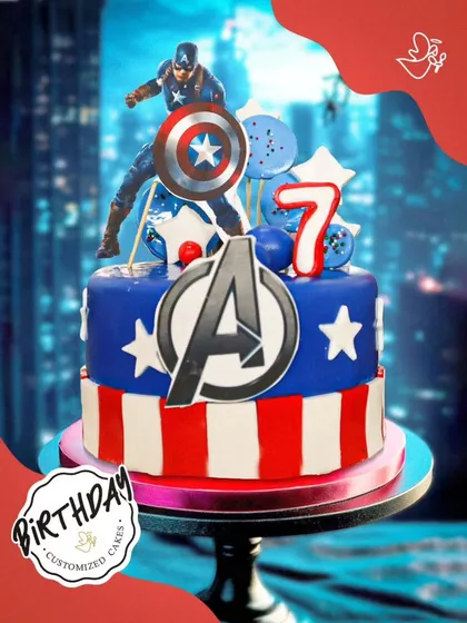 Captain America leads the charge on this two-tier Avengers cake. The patriotic red, white, and blue design is perfect for a heroic 7th birthday celebration.