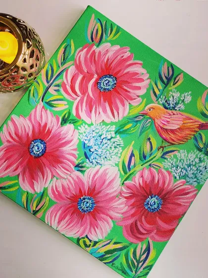 A vibrant floral and bird painting on canvas, perfect for brightening any room. This piece showcases my use of bold colors and detailed brushwork in acrylics to capture the beauty of nature.