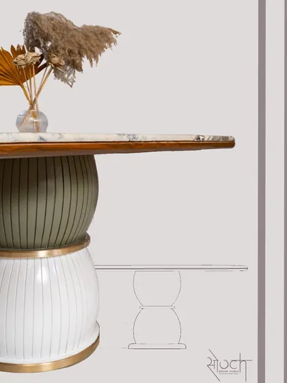 A graphic showcasing the 'Damru' dining table, from its initial drawing to the final product, highlighting its unique form.