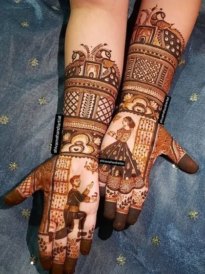 A charming design depicting a proposal scene, with the groom on one knee. The forearms are decorated with peacocks and geometric patterns.