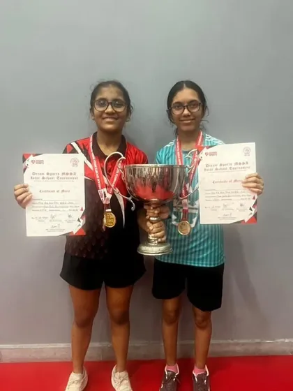 Prisha Daga and Prisha Vora with their gold medals and team trophy from the Under 16 Girls' team event at the MSSA tournament. Team victories are always special.