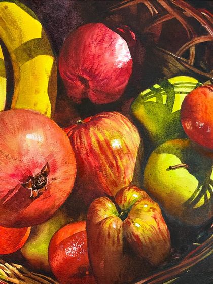 A still life of a fruit basket, used as an example for my watercolor course. The composition is a study in color, light, and the texture of the woven basket.