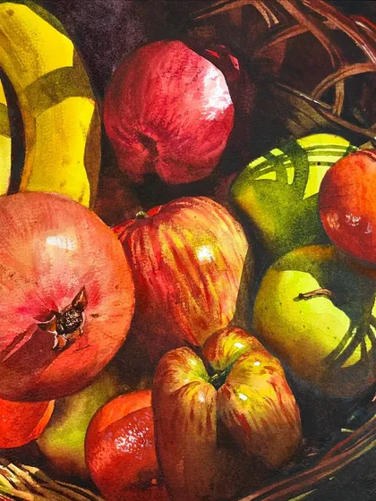 A vibrant basket of fruit, used as an example for my complete watercolor course. It showcases a complex and colorful composition.