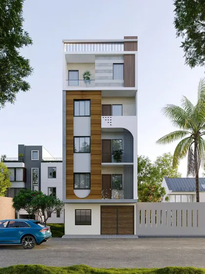 A daytime 3D render for a small residential building in West Delhi. This view shows how the combination of wood-look panels, grey textured sections, and clean white walls creates a fresh and contemporary look.