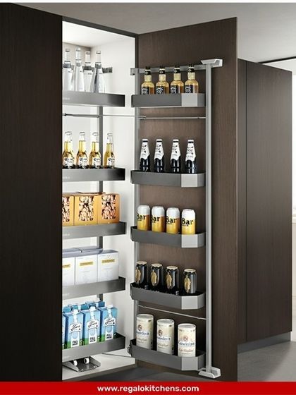 Another view of our tall pantry unit, this time stocked with beverages. The sturdy shelving and smooth gliding mechanism can handle heavy loads, making it perfect for storing everything from juice boxes to beer cans.