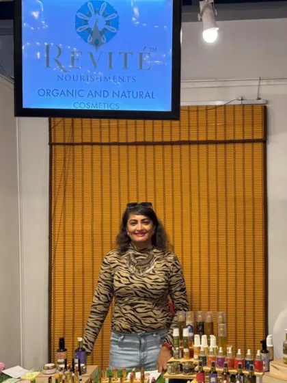 Here I am at our booth at Four Seasons. I love meeting customers and sharing my passion for plant-powered products that are safe for your skin and the environment. All our actives are eco and COSMOS certified.