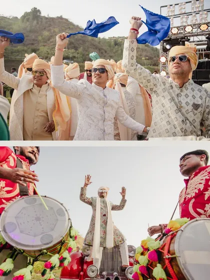 The groom's friends dance with abandon, waving flags and celebrating. We cultivate an atmosphere of pure, unadulterated joy.