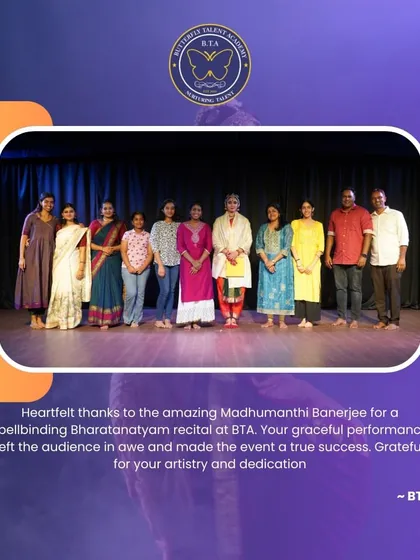Heartfelt thanks to the amazing Madhumanti Banerjee for her spellbinding Bharatanatyam recital at BTA. Here she is with our team and guests after the successful event.