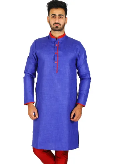 A clean, marketplace-ready image of a male model wearing a royal blue ethnic kurta against a pure white background, ensuring compliance for platforms like Amazon and Flipkart.