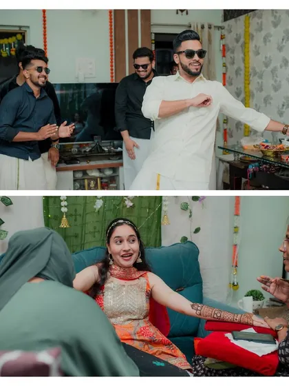 A fun collage from a '2states' Mehandi ceremony. It captures the groom's energetic dance and the bride's happy, surprised reaction, showing the lively and celebratory atmosphere of the event.