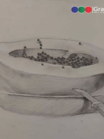 Before applying color, a strong foundation in drawing is essential. This is the initial pencil sketch for the papaya still life, focusing on accurate form, proportion, and tonal values. This is a key step we teach all our exam students.
