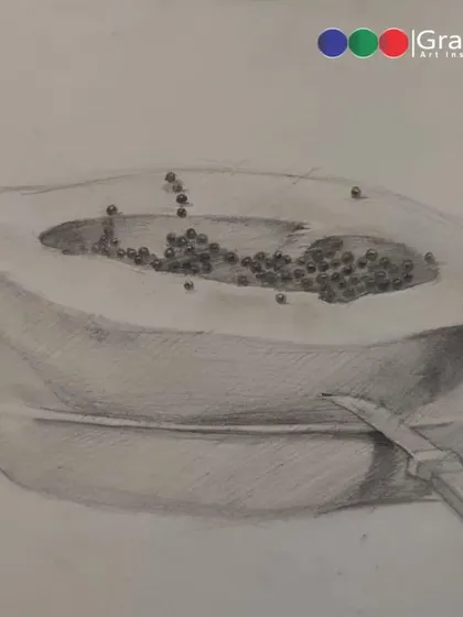 The initial pencil sketch for a still life study of a papaya. This is a crucial first step in our classes, focusing on form, proportion, and shading.