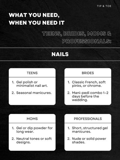 What you need, when you need it. This guide offers nail suggestions for teens, brides, moms, and professionals, helping you choose the perfect style for your lifestyle.