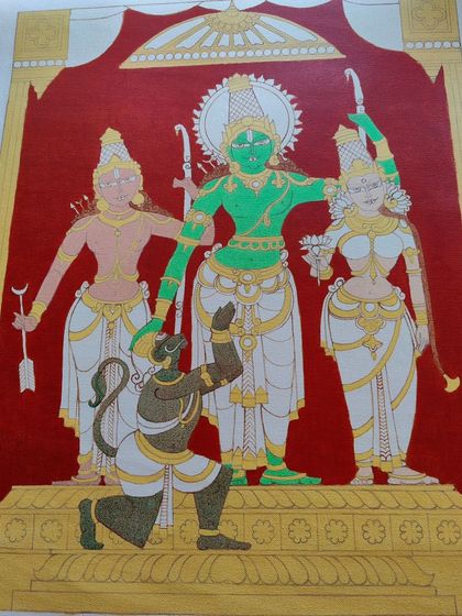 An early coloring stage of the Ram Darbar. Lord Ram's green form is filled in, creating a focal point, while the other figures remain in white, waiting to be brought to life.
