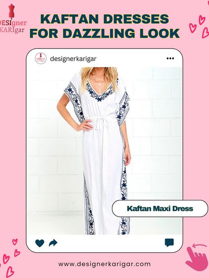 A classic white kaftan maxi dress with blue embroidery along the V-neck and side slits. This is a timeless piece for a summer day.