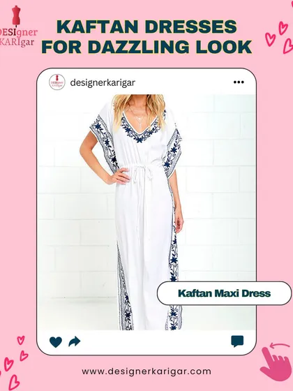 A classic white kaftan maxi dress with blue embroidery along the V-neck and side slits. This is a timeless piece for a summer day.