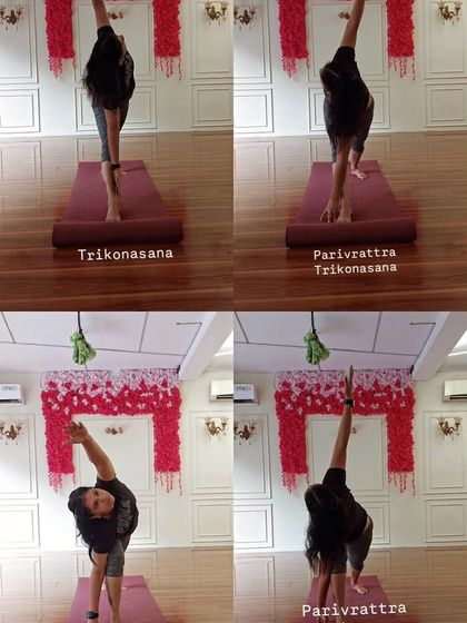 A four-part image showing the difference between Trikonasana (Triangle Pose) and its revolved variation, Parivrtta Trikonasana. This highlights the importance of twisting from the torso.
