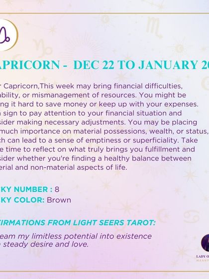 A weekly tarot prediction for Capricorn. This week may bring financial difficulties, instability, or mismanagement of resources. It's a sign to pay attention to your financial situation and consider making necessary adjustments.