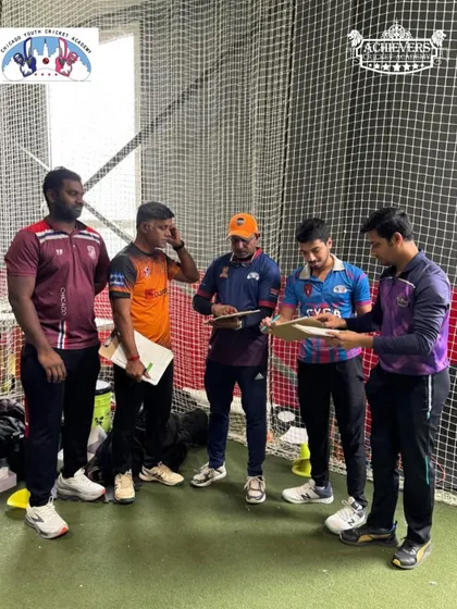 The coaching panel from Achievers and CYCA discussing player performances during the trials.