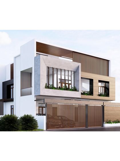 This exterior features a mix of materials including glass, stone, wood, and rotatable louvers. These elements are integrated to create a cohesive and dynamic facade that responds to both aesthetic and functional requirements.