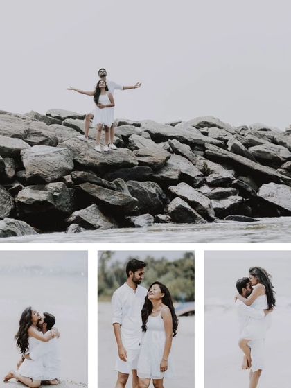 A collage of a couple in white outfits, enjoying a romantic and playful time on the beach.