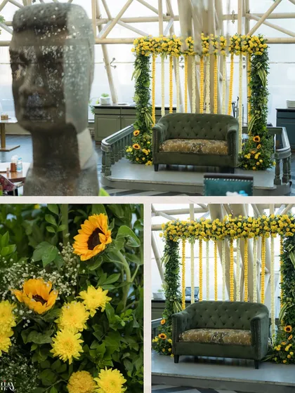 A collage showcasing the beautiful Haldi decor, from the floral arrangements to the main seating area.