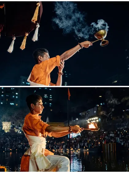 More moments from the aarti, focusing on the use of fire and incense in the ceremony, key elements of the Dev Deepawali celebration.