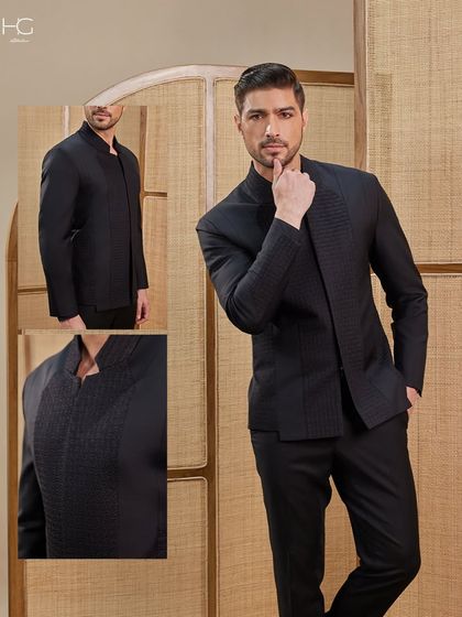 Redefining the black bandhgala. This collage highlights the unique fabric and sharp tailoring, making it a standout piece for any celebration.