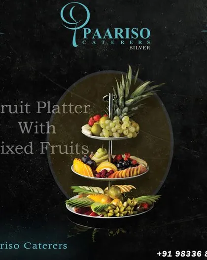 For a lighter and healthier option, we offer beautiful multi-tiered fruit platters. They feature a mix of seasonal fruits like grapes, pineapple, and melon.