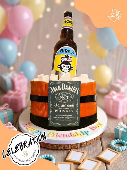 Friends who sip together, stick together! This fun cake, designed to look like a Jack Daniel's barrel with a Bira bottle, is the perfect centerpiece for a legendary Friendship Day party.
