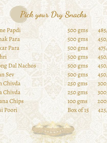 Our Diwali menu also includes a wide range of dry snacks. Choose from classics like Namak Para, Mathri, and Moong Dal Nachos to complete your festive hamper.