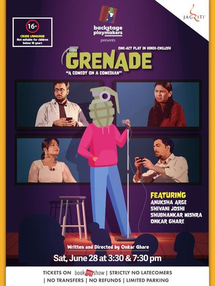 The poster for "Grenade," a one-act play in Hindi-English described as "a comedy on a comedian."