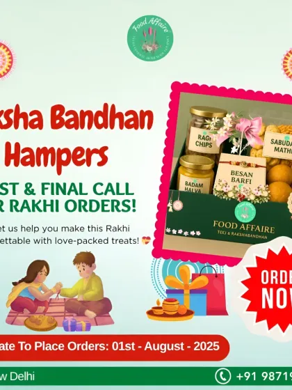 This is the final call for Rakhi orders. Let me help you make this Raksha Bandhan unforgettable with a hamper filled with love-packed treats like Badam Halwa, Besan Barfi, and healthy Ragi Chips.