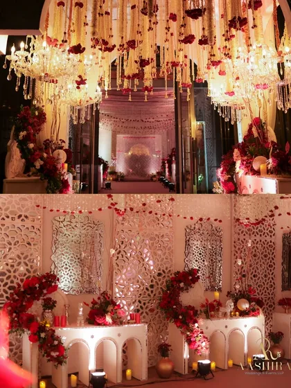 This collage showcases the grandeur of the entrance, with its magnificent floral chandeliers and the beautifully styled consoles that welcomed guests into the main event area.