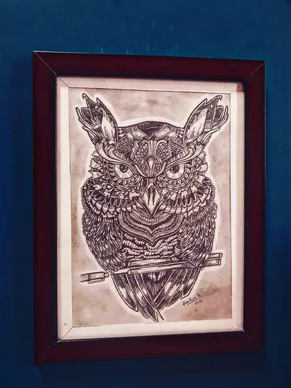 An intense and wise owl, every feather detailed with unique black and white patterns.