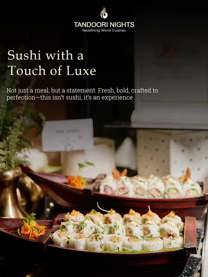 We bring global cuisines to you with a touch of luxury. Our sushi is not just a meal but a statement, featuring fresh, bold flavors crafted into beautiful arrangements like these sushi boats.