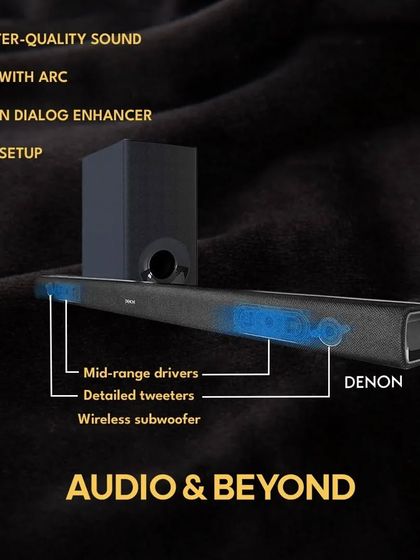 An infographic detailing the components of the Denon soundbar. It shows the placement of the mid-range drivers, detailed tweeters, and the connection to the wireless subwoofer, all engineered to produce theater-quality sound.