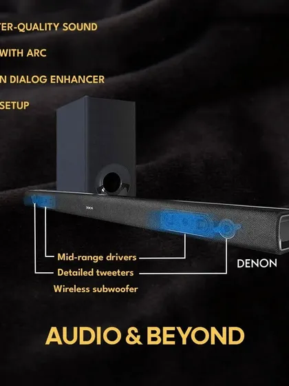 The Denon DHT-S316 soundbar system is a simple way to upgrade your TV's audio. It features mid-range drivers, detailed tweeters, and a wireless subwoofer to provide theater-quality sound with an easy HDMI ARC setup.