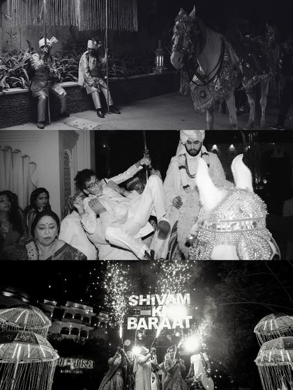 A collage of the "Shivam ki Baraat." These black and white shots capture the energy and tradition of the groom's procession, from the decorated horse to the dancing guests.