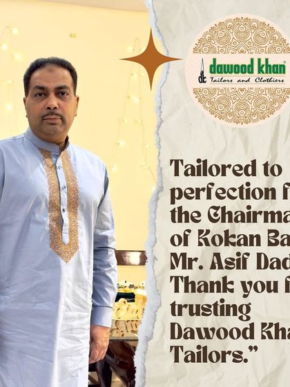 Tailored to perfection for the Chairman of Kokan Bank, Mr. Asif Dadan. He wears a light blue kurta with intricate gold embroidery around the placket, a mark of distinction.