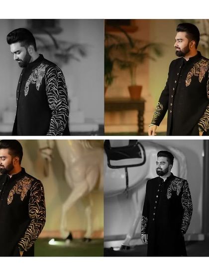 A stylish collage of the groom's portraits from his engagement day. The mix of color and black and white shots highlights his sharp attire and confident demeanor.