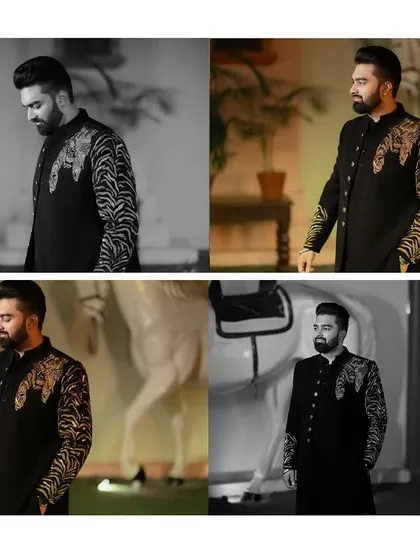 A stylish collage of the groom's portraits from his engagement day. The mix of color and black and white shots highlights his sharp attire and confident demeanor.