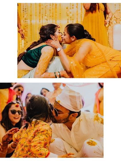 Kisses and blessings from family and friends during the Haldi ceremony. These are the moments of love that surround a couple.