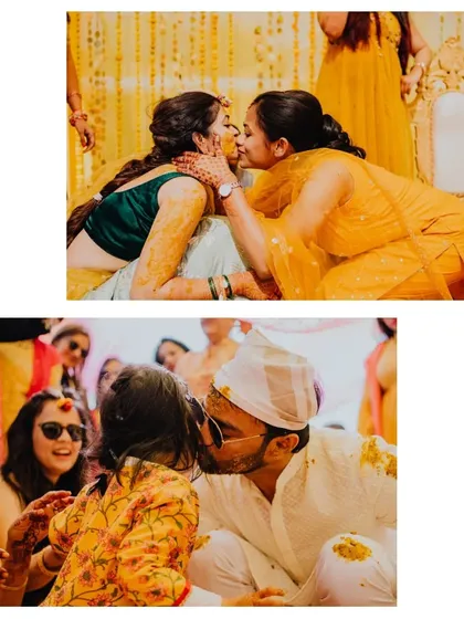 Kisses and blessings from family and friends during the Haldi ceremony. These are the moments of love that surround a couple.