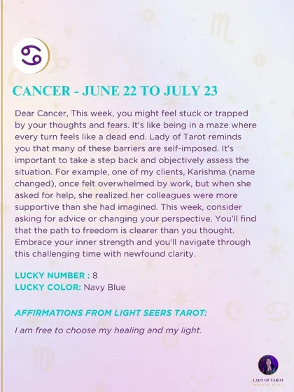 This week's tarot reading for Cancer. You might feel stuck or trapped by your thoughts and fears. Many of these barriers are self-imposed, and you can navigate through them.