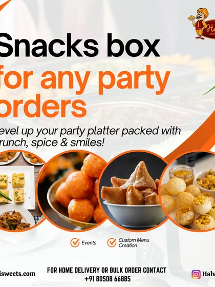Level up your party platter with our snack boxes packed with crunch, spice, and smiles. We offer a custom menu for events, including favorites like samosas, dhokla, pani puri, and sweet boondi.