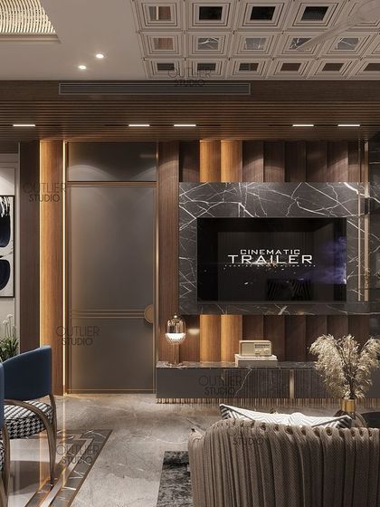 Refined elegance and timeless sophistication are on display in this living and dining area. The design features a coffered ceiling, a dark marble media wall, and classic furniture for a truly polished look.