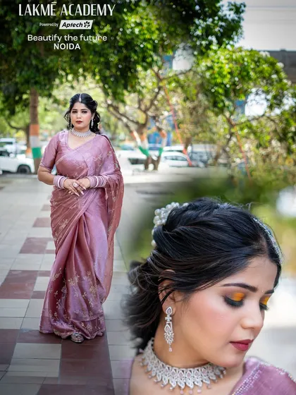 A beautiful student portfolio piece featuring a soft glam look in a pink saree. This demonstrates the ability to create elegant and understated makeup for any occasion.