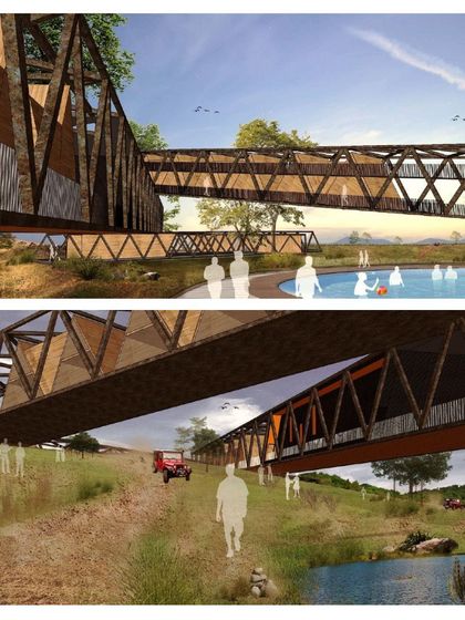 This concept for the Mahindra Resort shows how the elevated architectural forms create sheltered spaces and pathways underneath, allowing for the free movement of people and vehicles.